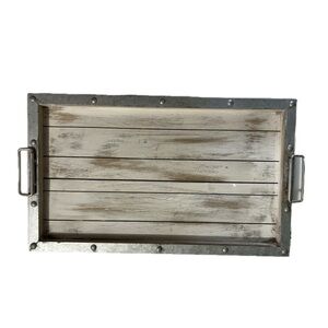 Wooden Serving Tray with Metal Trim and Handles Distressed Wood Finish